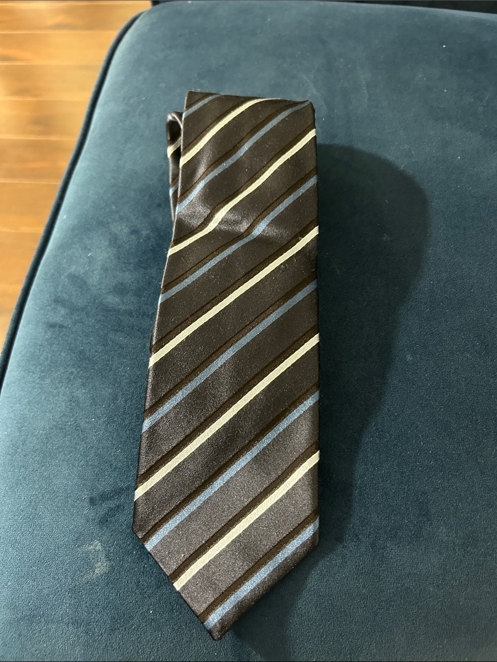 Prada Black Silk Tie with Blue and Gray Stripes - Picture 3 of 8